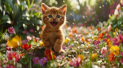   A small kitten walks through a field of flowers with an open mouth and wide-open eyes