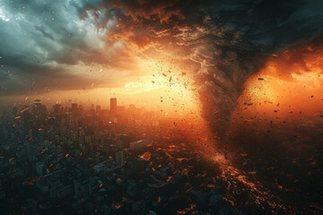 The clash between a tornado and a city skyline, illustrating the collision of destructive winds and urban infrastructure. Concept of severe weather in populated areas. Generative Ai.