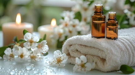 Two Bottles of Essential Oils on a Towel - obrazy, fototapety, plakaty