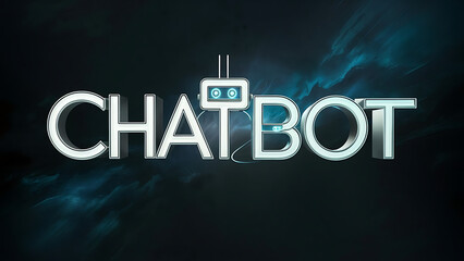 Illuminated “CHATBOT” text , two robot eyes inside "T", blue and black background