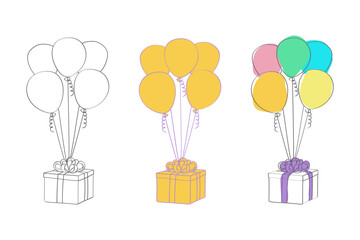 Three colorful balloons are floating in the air next to a gift box wrapped in a ribbon. The balloons and gift boxes are the focal point of the composition