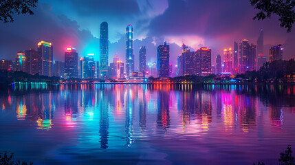 Fototapeta na wymiar Vibrant City Skyline Illuminated at Night