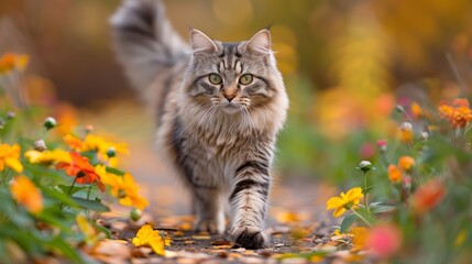 Naklejka na ściany i meble A cat strolling along a path, surrounded by clear flowers in the foreground, while the background blurs with leaves and blooms