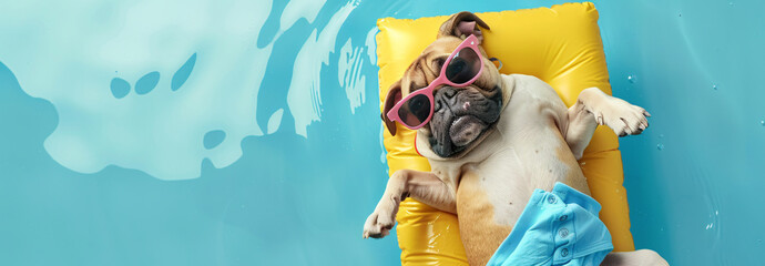 Top view of pug sunbathing on swimming mattress - obrazy, fototapety, plakaty