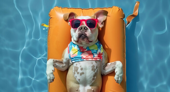 Top view of pug sunbathing on swimming mattress