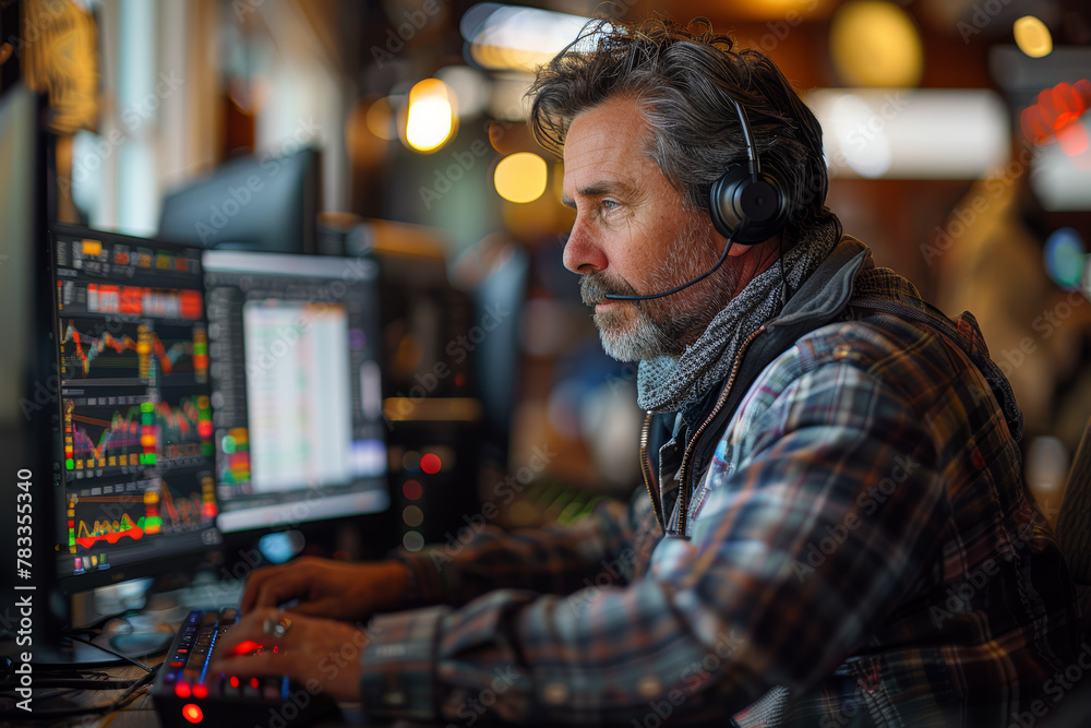 Poster a day trader executing rapid buy and sell orders in front of multiple computer screens, capitalizing