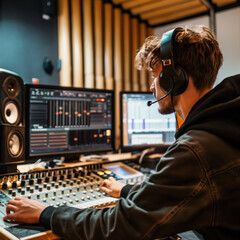 A young male sound engineer sits at the console in a recording studio and edits new music. - obrazy, fototapety, plakaty