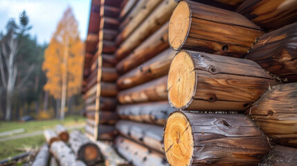 A wooden house with logs stacked up close together - obrazy, fototapety, plakaty