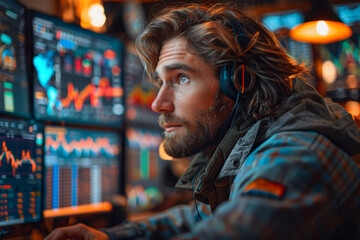 An options trader analyzing volatility levels and implied probabilities, crafting complex trading strategies. Concept of derivatives trading and risk hedging. Generative Ai. - obrazy, fototapety, plakaty