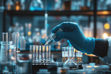 Scientist measuring liquid in a blue-lit lab with blue illumination