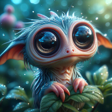 The image portrays a whimsical creature with glossy eyes and leaf-like ears, set against a magical forest backdrop. It evokes a sense of wonder and fantasy.