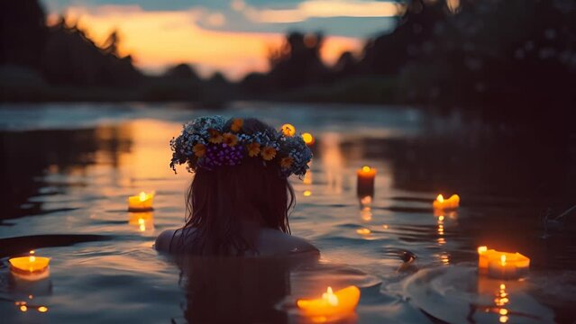woman in a flower wreath on her head is standing in the water with candles at sunset. 