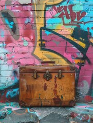 Luggage in front of graffiti wall