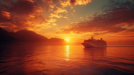 Fototapeta na wymiar Sailing Serenity: Panoramic Sunset Views with Majestic Mountains