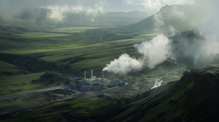 Aerial View of Power Plant in Foggy Valley
