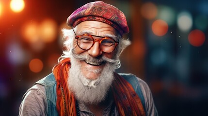 Cultural tradition: close-up of an elderly hipster wearing glasses with a mustache and a cap. Concept: Positive attitude at any age.