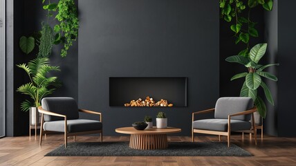 An inviting agency wall for a zoom call background with modern furniture and plants, dark grey wall color