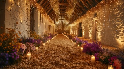   A long walkway, lined with an abundance of flowers, is illuminated by lit candles before a stone wall and ceiling