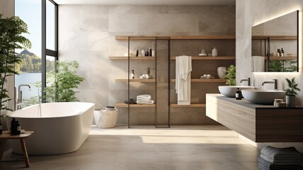 Fototapeta na wymiar An elegant and modern looking bathroom with white ceramics and glass wall, eco-friendly