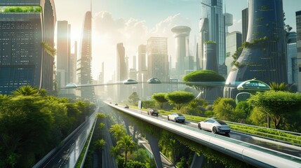 A vehicle navigates a thoroughfare surrounded by futuristic skyscrapers, illuminated by automotive lighting, with plants and trees lining the asphalt. AIG41 - obrazy, fototapety, plakaty