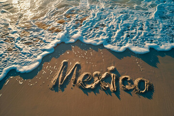 Mexico written in the sand on a beach. Mexican tourism and vacation background - 783356574