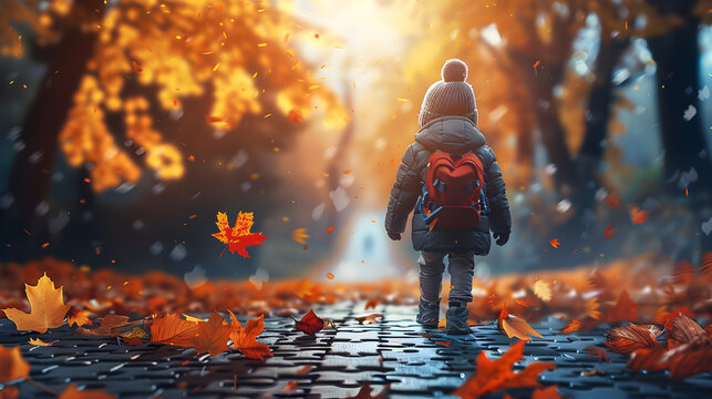 Preschooler boy walking to school on puzzle road, promoting the idea of independence and adventure in childhood.
