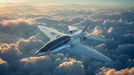 Foto op Canvas A futuristic hydrogen powered airplane flying above the clouds representing the next generation of sustainable air travel © john