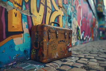 Luggage against graffiti wall