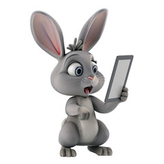 Cartoon rabbit with a digital tablet looking surprised while isolated on a transparent background