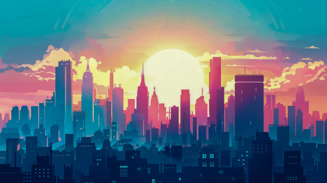 Vibrant Sunset Over Modern City Skyline Illustration