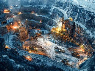 Illuminated Nighttime Mining Operation in Snow-Covered Quarry