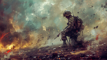 Solitary Soldier Reflecting in War Zone Amidst Chaos - obrazy, fototapety, plakaty