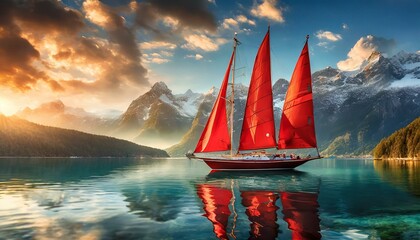 sailing ship with red sails in the sea