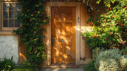 Fototapeta na wymiar Charming Front Door of a Home Surrounded by Flourishing Flowers