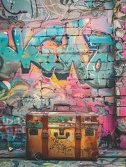 Two suitcases in front of graffiti wall
