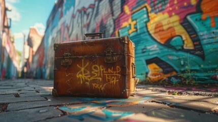 Suitcase in front of graffiti wall
