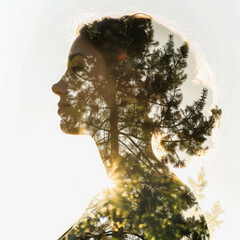 A double exposure of the silhouette and body form an woman made out with pine trees against white background, sunrise lighting, photography, cinematic, hyperrealistic