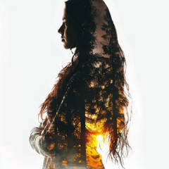 A double exposure of the silhouette and body of an Indian woman with long hair, made from trees, on a white background