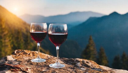 two glasses of red wine in the mountains romantic evening eco style