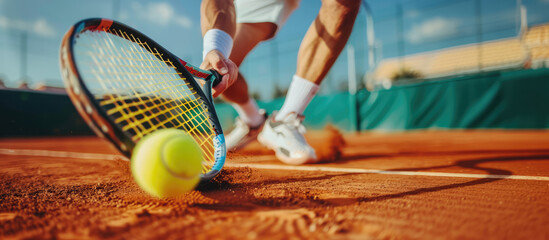 Tennis player is holding racket and hitting ball on tennis court
