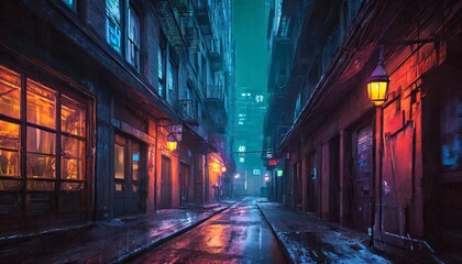 cyberpunk post apocalyptic dystopian winter city narrow street neon lights concept art digital painting cinematic - obrazy, fototapety, plakaty