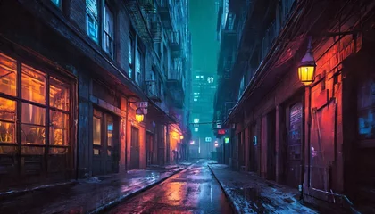 Selbstklebende Fototapeten cyberpunk post apocalyptic dystopian winter city narrow street neon lights concept art digital painting cinematic © Josue