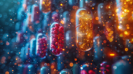 3D animation showcases a virtual library of drug candidates with color coded properties, highlighting the diversity of potential treatments Space for text or title, copy space