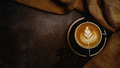 top view of cappuccino coffee with brown fabric on a textured background empty space for placing...