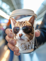 A close up of a person's hand holding a travel mug filled with coffee Foam art on top is a detailed image of a cat wearing sunglasses