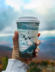 A close up of a person's hand holding a travel mug filled with coffee Foam art on top is a detailed image of a plane soaring through clouds Award winning photography, highly detail