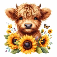 Illustration of a cute baby Highland cow with long hair and sunflowers