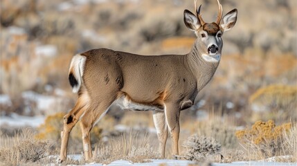   A tight shot of a deer in a snow-covered field Bushes dot the background