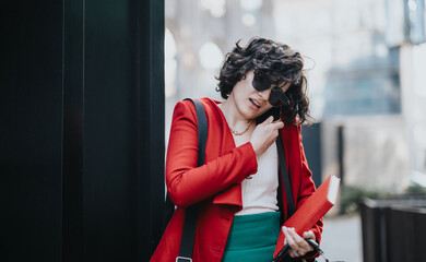 Elegant female entrepreneur with a red blazer carrying a planner and smart phone outside.