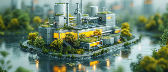A digital illustration of a pharmaceutical factory with a focus on sustainable practices, such as solar panels or green roofs Space for text or title, copy space